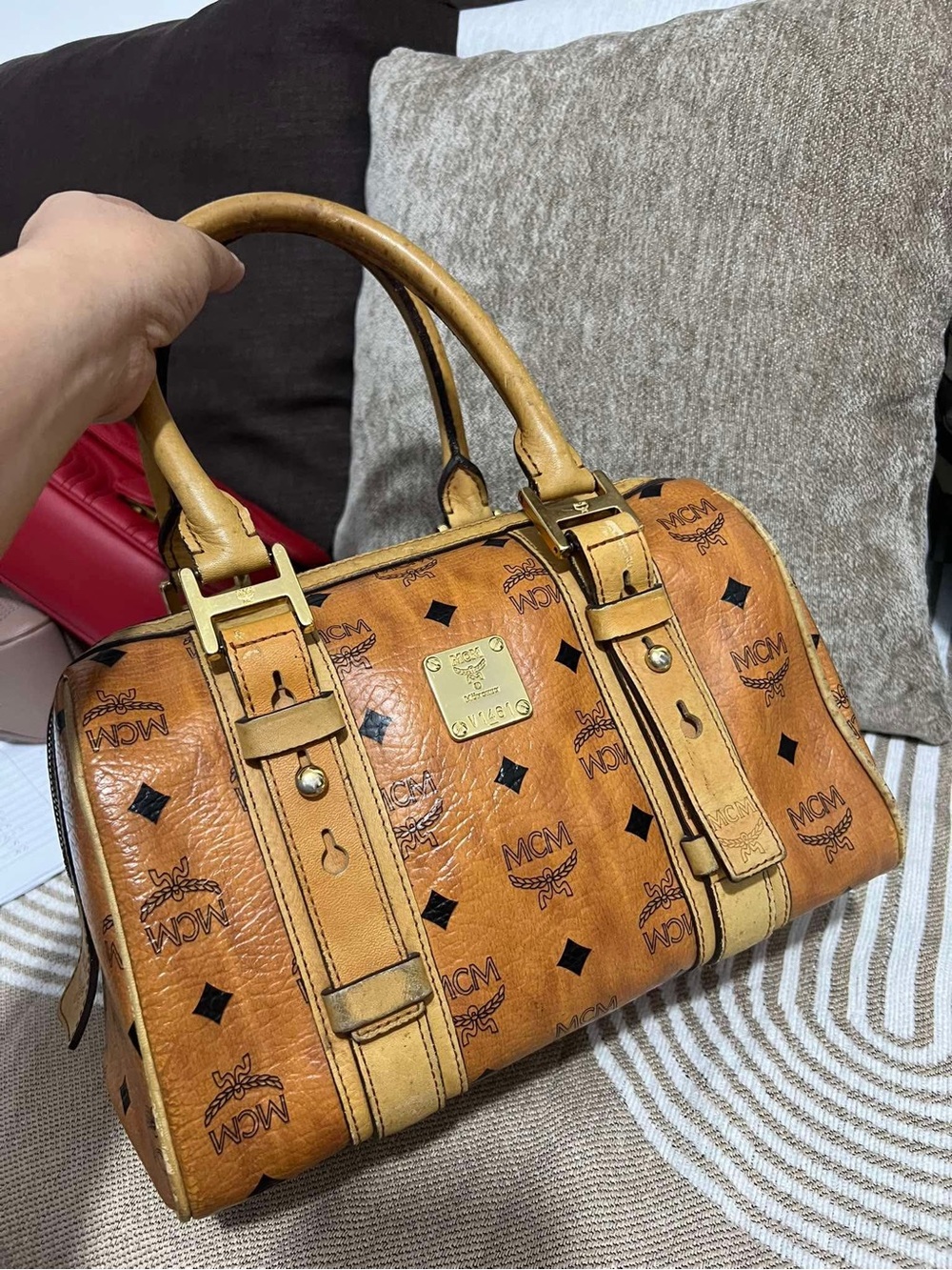 MCM Visetos Coated Canvas Satchel in Cognac and Tan